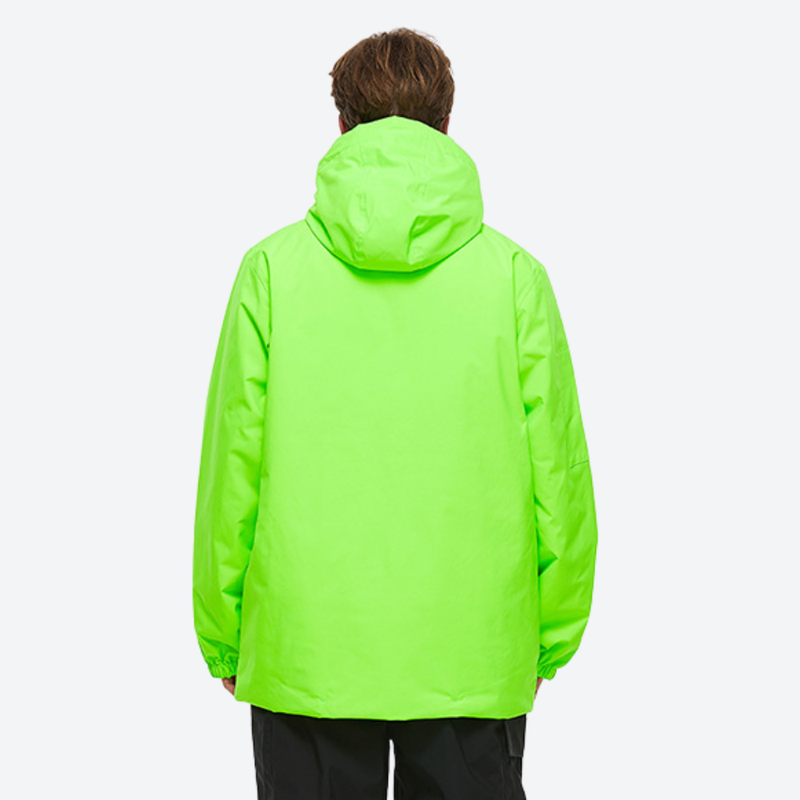 Men's waterproof 2L snow jacket and pants series - neon green jacket, on-model back view, for skiing and snowboarding