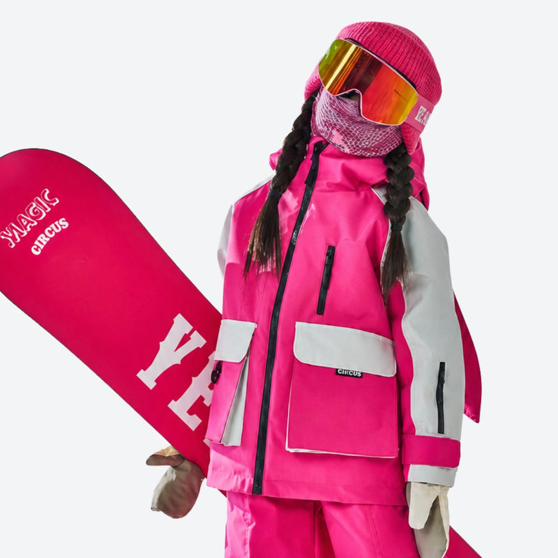 Kids snowboard jacket bibs and pants combo - pink white kids jacket, for family resort trips