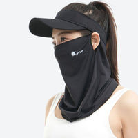
                  
                    Full spectrum sun protection face mask breathable mesh - black ice-silk face mask with brim on women, worn front view
                  
                