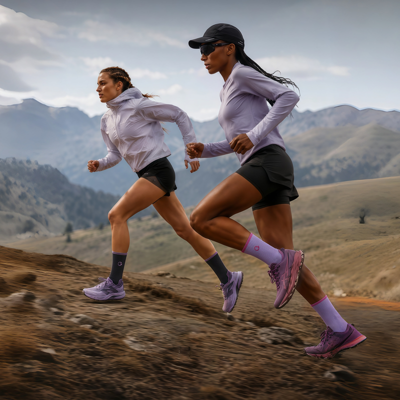 Women's moisture-wicking merino wool socks for trail - merino wool hiking socks on couple, couple mountain running view