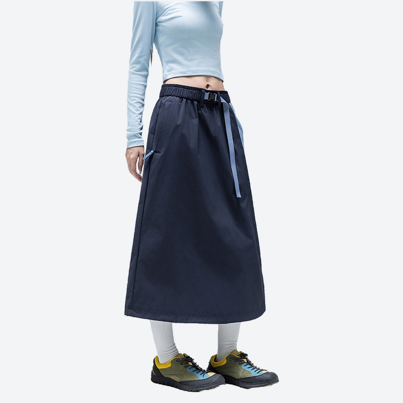 Versatile color-block water-repellent skirt - navy light blue color-block long skirt on women, for travel and city walks