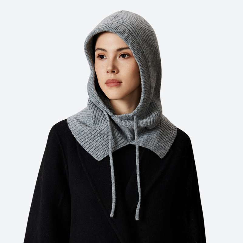 Knitted merino balaclava with drawcord - gray knitted merino wool balaclava, front product view, for hiking and trail walking