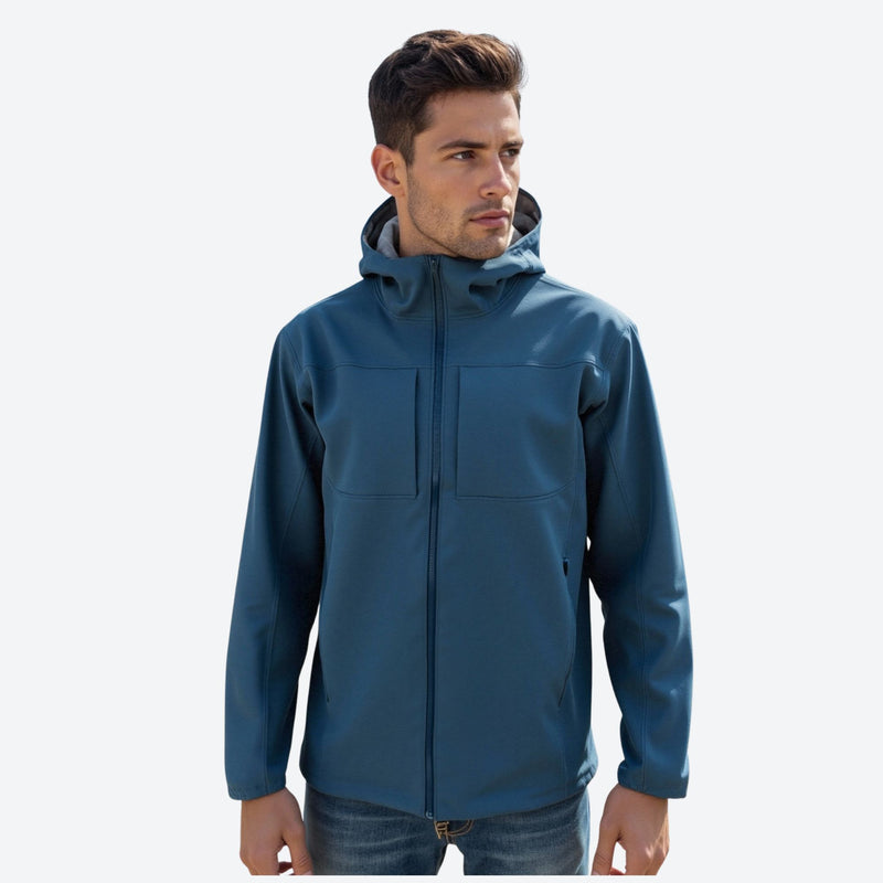 Men's wind-resistant softshell outdoor jacket - blue softshell jacket, on-model front view, for travel and daily commute