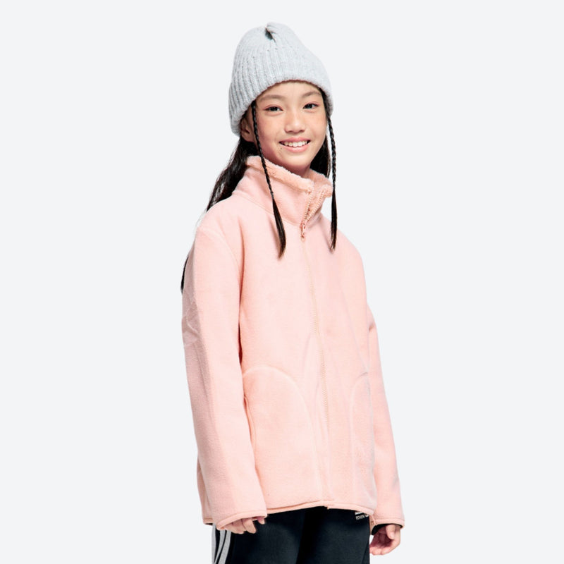 Kids' soft warm fleece jacket with hand pockets - pink kids fleece jacket with stand collar and beanie, side standing view