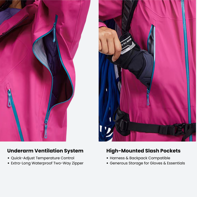 Women's waterproof 3L hardshell ski jacket - pink, vent and pocket feature infographic, for resort and backcountry days