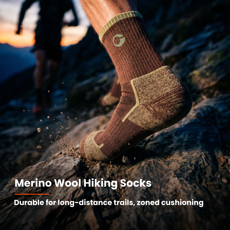 Men's moisture-wicking merino wool socks for trail - merino wool hiking socks on feet, for trail running and outdoor workouts