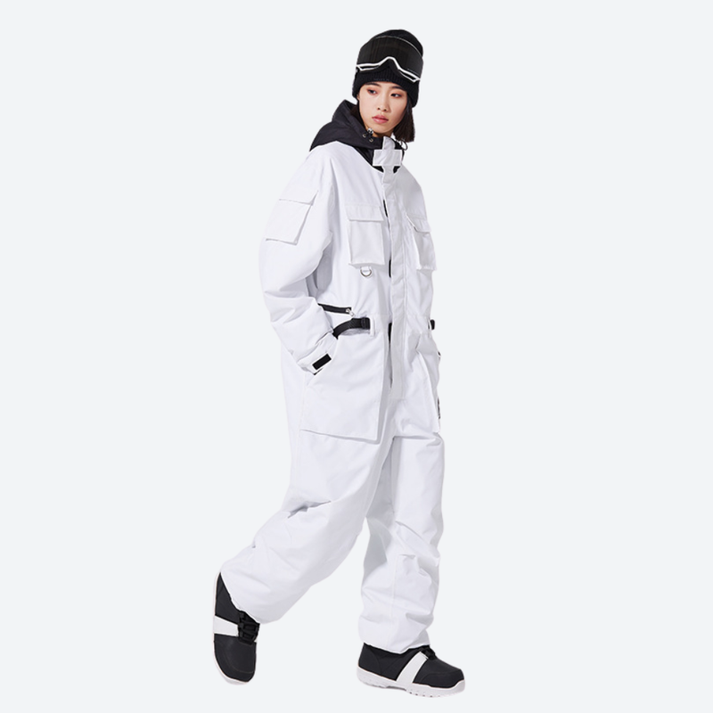 Unisex waterproof 2L one-piece snow suit - white one-piece suit, for skiing and snowboarding