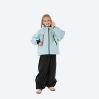 
                  
                    Youth 3-layer ski suit with bib pants - ice blue jacket with black pants, for cold-weather winter outdoor fun
                  
                