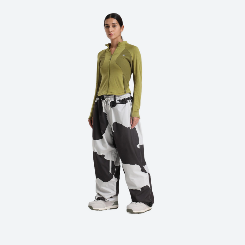 Women's waterproof 2L snow jacket and pants - olive green base layer top with cow print snow pants