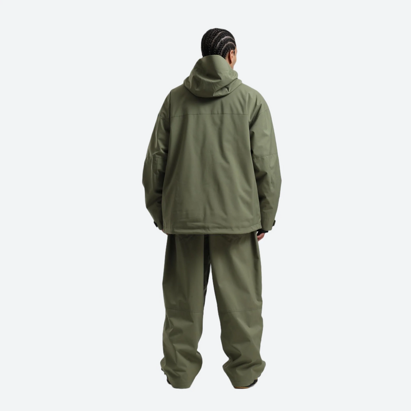 Men's 2-layer snowboard jacket and wide-leg pants - olive green jacket with olive pants, for cold-weather winter sports