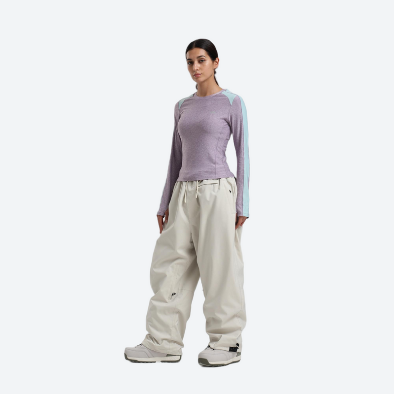 Women's waterproof 2L anorak snow jacket and pants - lavender base layer top with cream snow pants