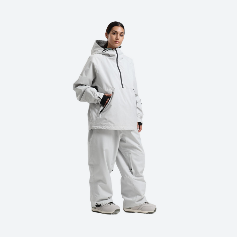 Women's breathable ski pullover jacket and pants set - light gray anorak jacket with white pants, for skiing and snowboarding