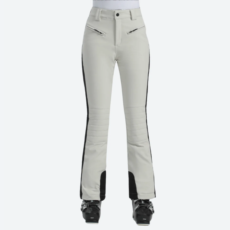 Women's slim fit waterproof stretchable ski pants - cream ski pants with black side stripe, for resort ski days