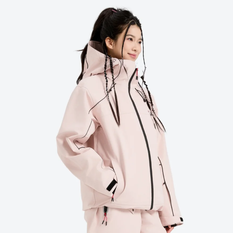 Men's reflective piping breathable ski jacket set - light pink jacket, for skiing and snowboarding