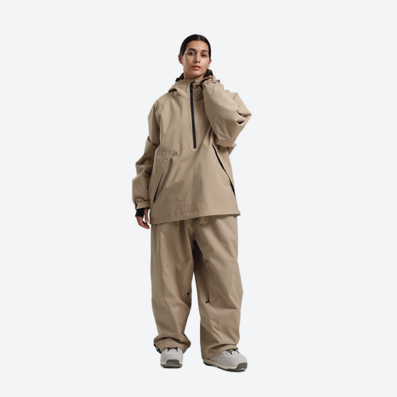 Women's 2-layer snowboard jacket and pants - khaki tan anorak jacket with khaki pants, for skiing and snowboarding