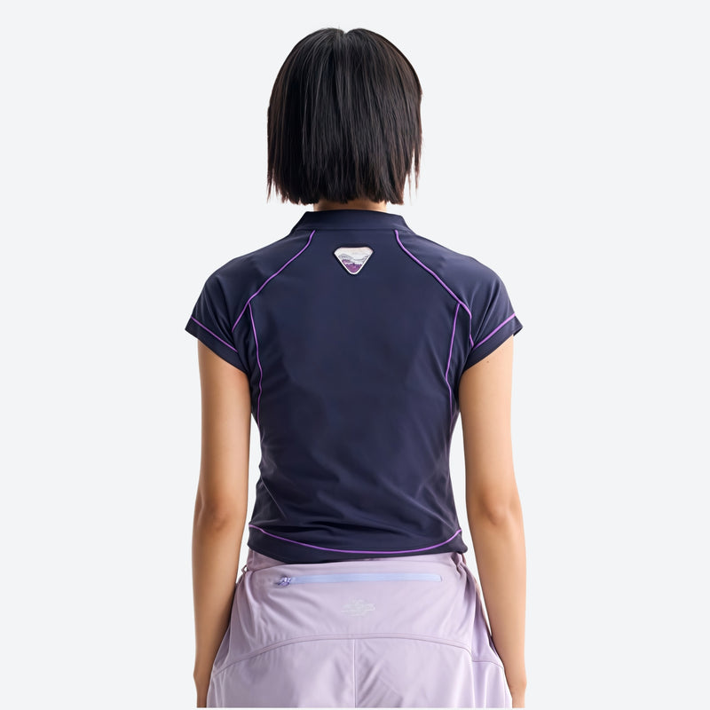 Women's fitted quick-dry breathable tee - navy half-zip short sleeve tee on women with headband, back standing view