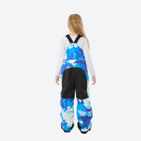 
                  
                    Youth 3-layer ski suit with bib pants - blue camo print bib pants, kids on-model back view, for youth snow play and sledding
                  
                