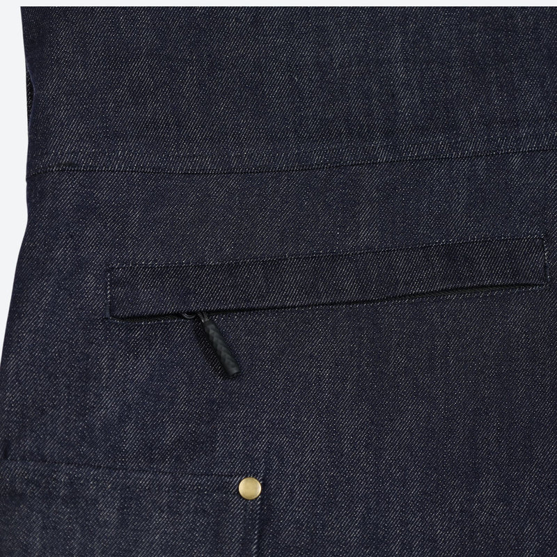 Unisex denim print snowboard bibs with pockets - navy denim, back pocket flap close-up detail, for cold-weather winter sports