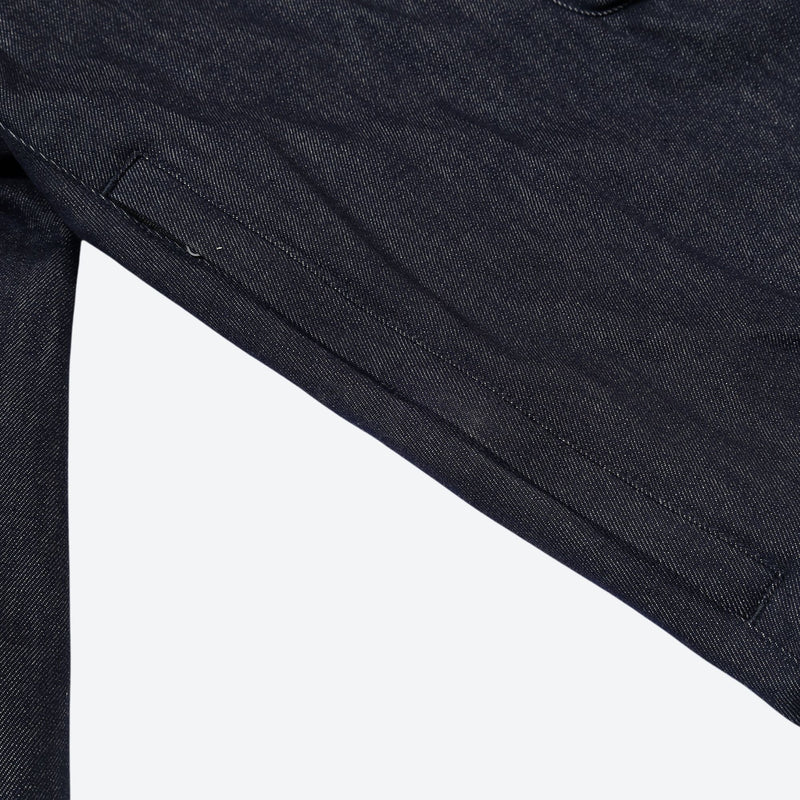 Unisex denim-look bib snow pants - navy denim, leg seam close-up detail, for resort and street wear