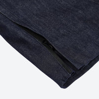 
                  
                    Breathable waterproof jean-style suspender ski pants - navy denim, hem zip close-up detail, for resort and street wear
                  
                