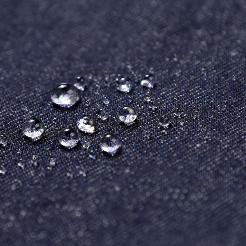 Unisex denim print snowboard bibs with pockets - navy denim, fabric water beads close-up, for powder and piste riding