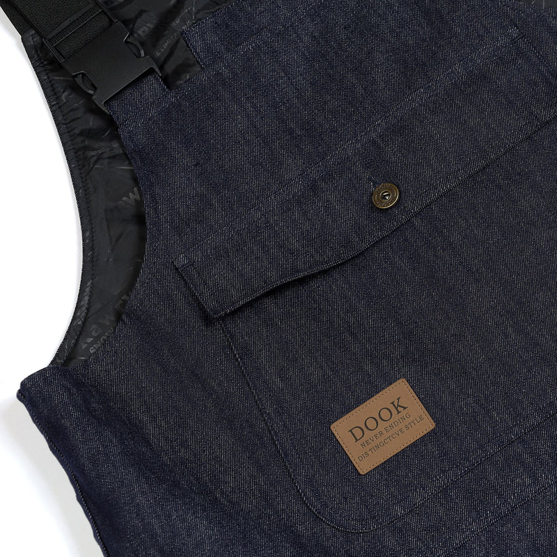 Unisex denim print snowboard bibs with pockets - navy denim, for skiing and snowboarding
