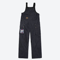 
                  
                    Unisex denim print snowboard bibs with pockets - navy denim bib snow pants, front product view, for resort and street wear
                  
                