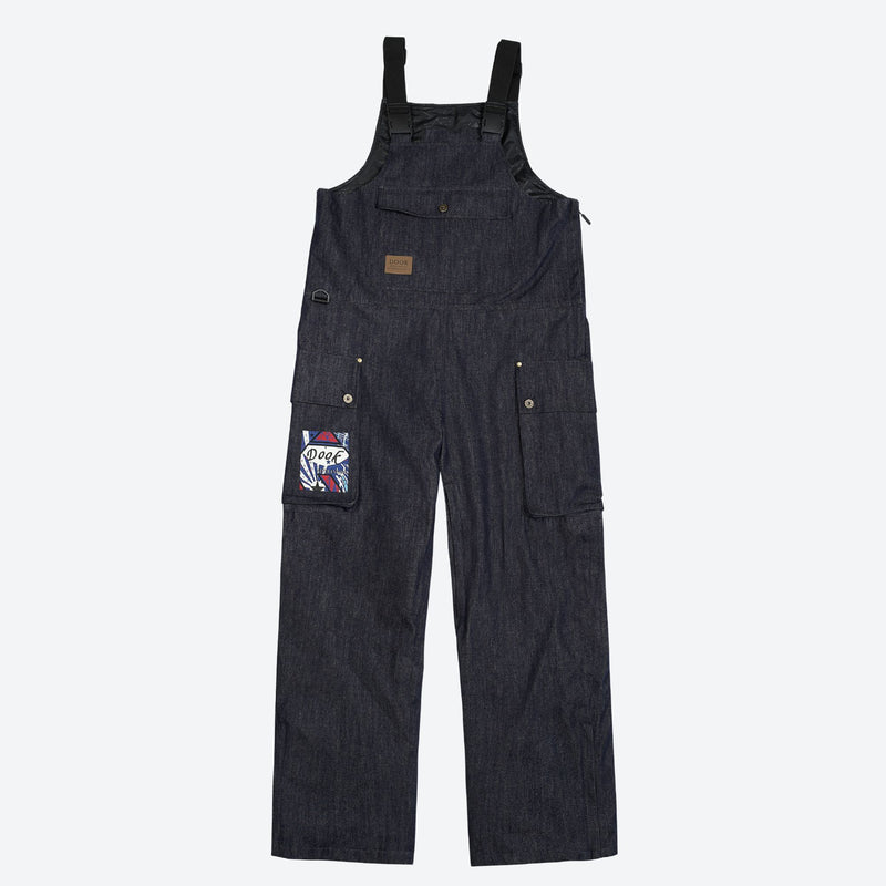 Unisex denim print snowboard bibs with pockets - navy denim bib snow pants, front product view, for resort and street wear