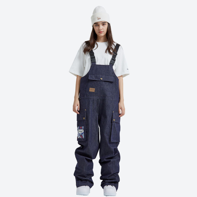 Breathable waterproof jean-style suspender ski pants - navy denim bib snow pants with white tee, for resort and street wear
