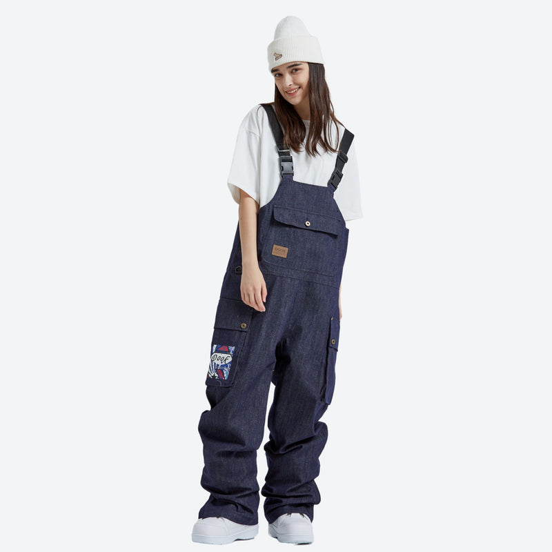 Unisex denim print snowboard bibs with pockets - navy denim bib snow pants with white tee, for powder and piste riding