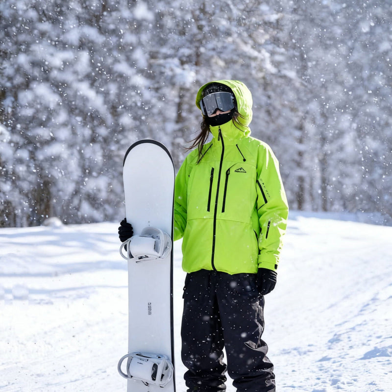 Men's 3-layer snowboard jacket and pants - neon green, on-model front with upright snowboard, for skiing and snowboarding