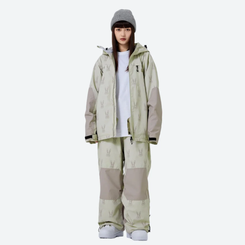 Women's 2-layer snowboard jacket and pants - sage green rabbit print jacket with matching pants, for skiing and snowboarding