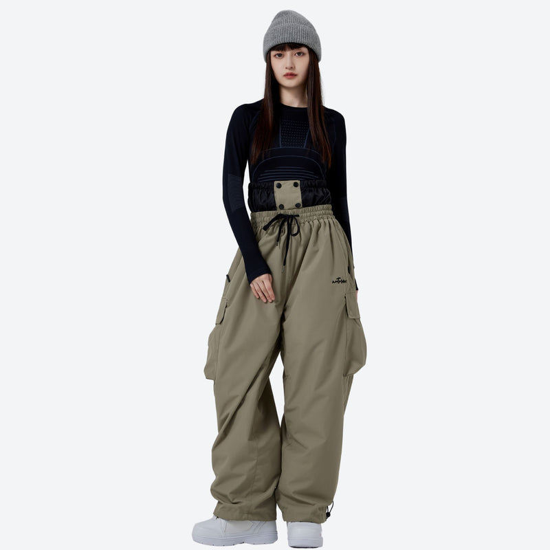 Unisex asymmetric snowboard jacket and cargo pants - tan snow pants with black top, for resort and street wear