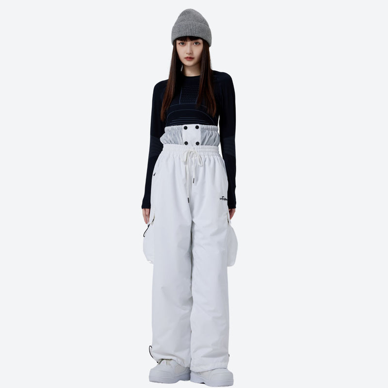 Unisex waterproof 2L asymmetric snow jacket - white snow pants with black top, for resort and street wear
