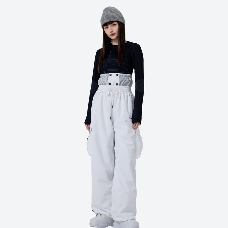 Unisex asymmetric snowboard jacket and cargo pants - white snow pants with black top, for skiing and snowboarding