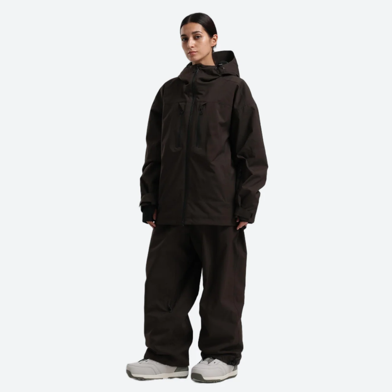 Women's 2-layer snowboard jacket and wide-leg pants - coffee brown jacket with coffee pants, for resort and street wear