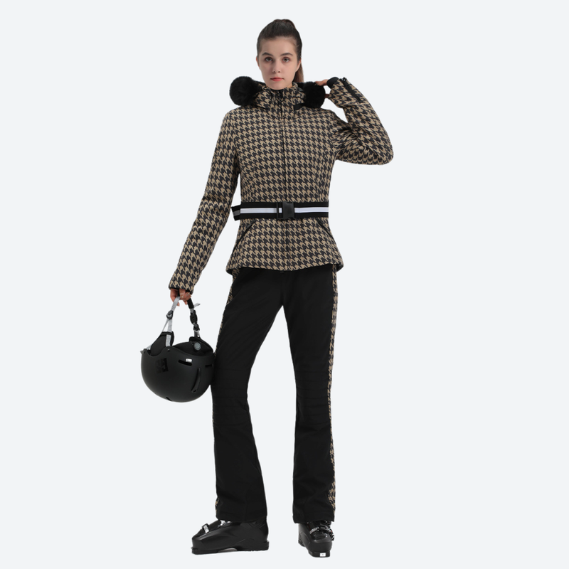 Women's waisted waterproof ski jacket - brown houndstooth slim fit ski jacket with fur collar, for skiing and snowboarding