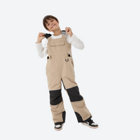 
                  
                    Kids breathable snowboard jacket and bib pants set - tan bib pants with black knee patches, for family resort ski days
                  
                