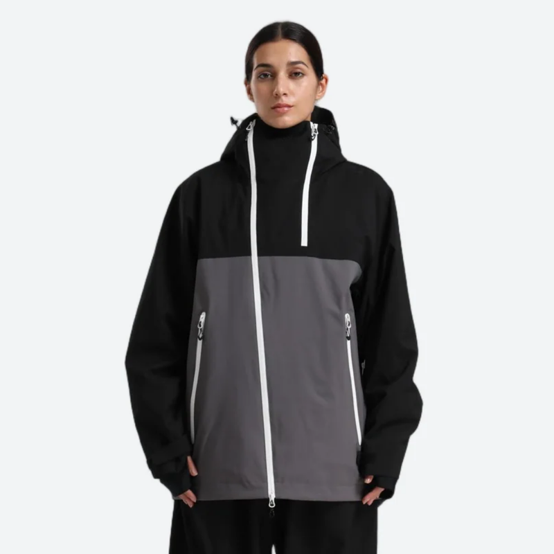 Women's colorblock ski jacket set - black and gray colorblock, on-model front view, for skiing and snowboarding