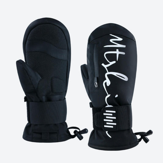 Snow mittens with kevlar wear resistance and wrist protection - black letter print kevlar snow mittens, pair front view