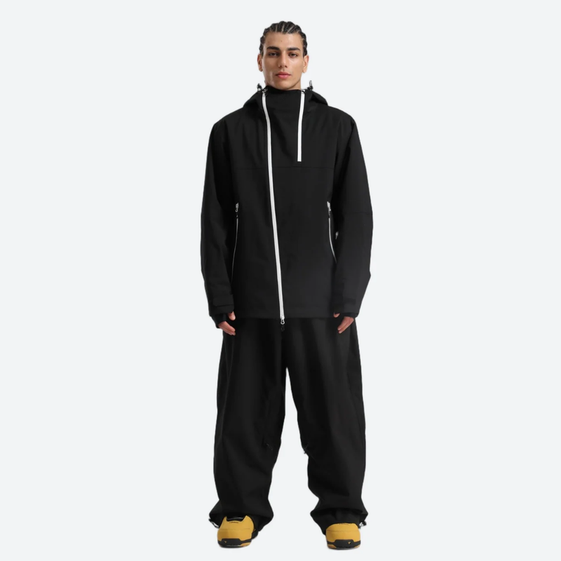 Men's breathable 2L snowboard jacket and pants - black, on-model front view, for skiing and snowboarding