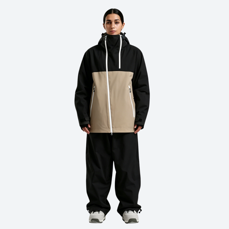 Women's waterproof 2L snow jacket and pants - black and tan colorblock jacket with black pants, for skiing and snowboarding