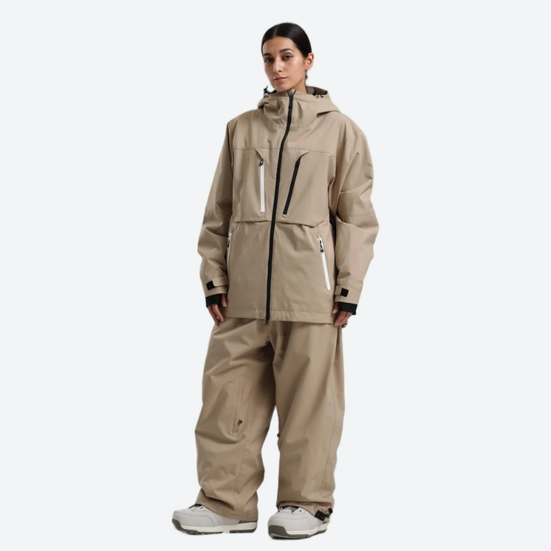 Women's breathable ski jacket with chest zip pockets - tan jacket with tan pants, for resort and street wear