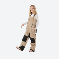 
                  
                    Kids 3L waterproof snow jacket and pants suit - tan bib pants with black knee patches, for cold-weather winter outdoor fun
                  
                