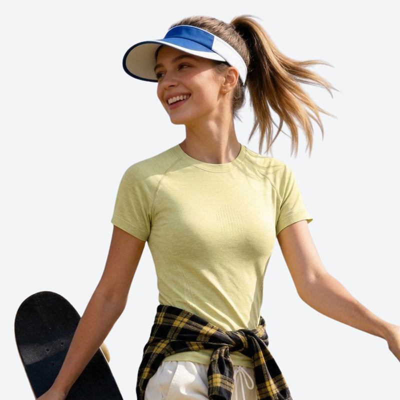 Unisex 17.5 micron merino wool baselayer tee - yellow merino wool baselayer tee on women, for hiking and trail walking