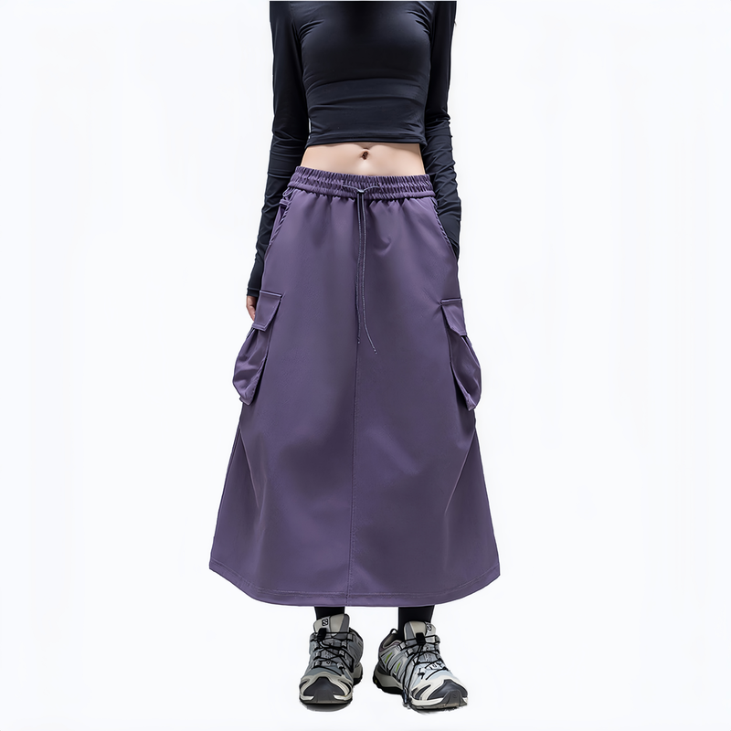 Versatile water-repellent cargo skirt - purple cargo long skirt on women, front standing view, for travel and city walks