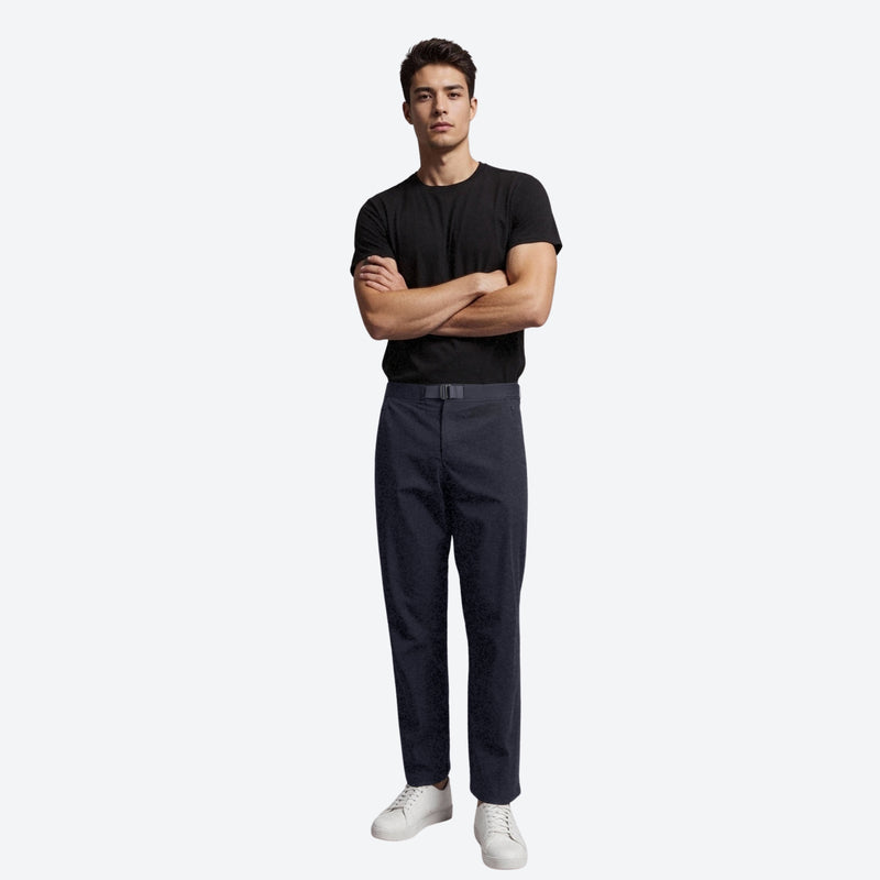 Men's slim-fit hiking pants - navy slim hiking pants with black tee, for camping and outdoor weekends