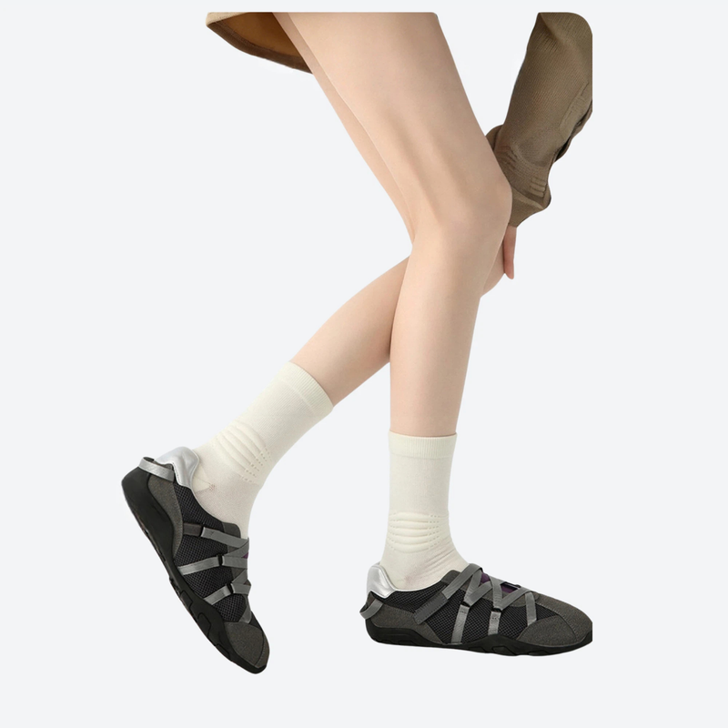 Machine washable merino wool crew socks - cream merino wool socks on feet with shoes, for layering in cool weather