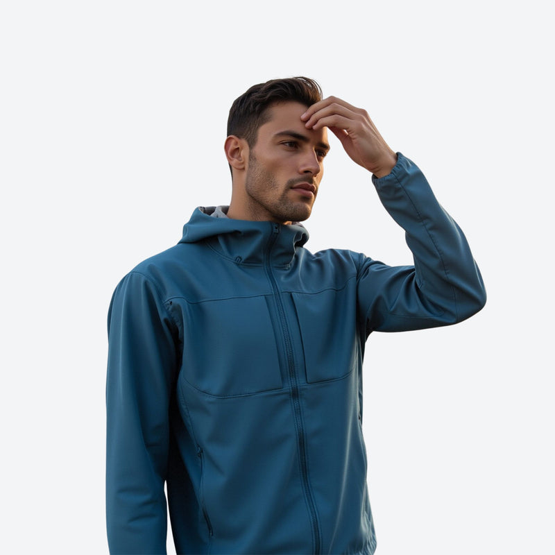 Men's breathable softshell rain jacket with hood - blue softshell jacket, for cold-weather outdoor wear