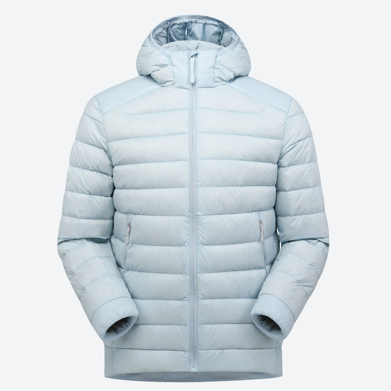 Warm water-repellent down layers for cold days - light blue hooded down jacket on women, for camping and outdoor weekends